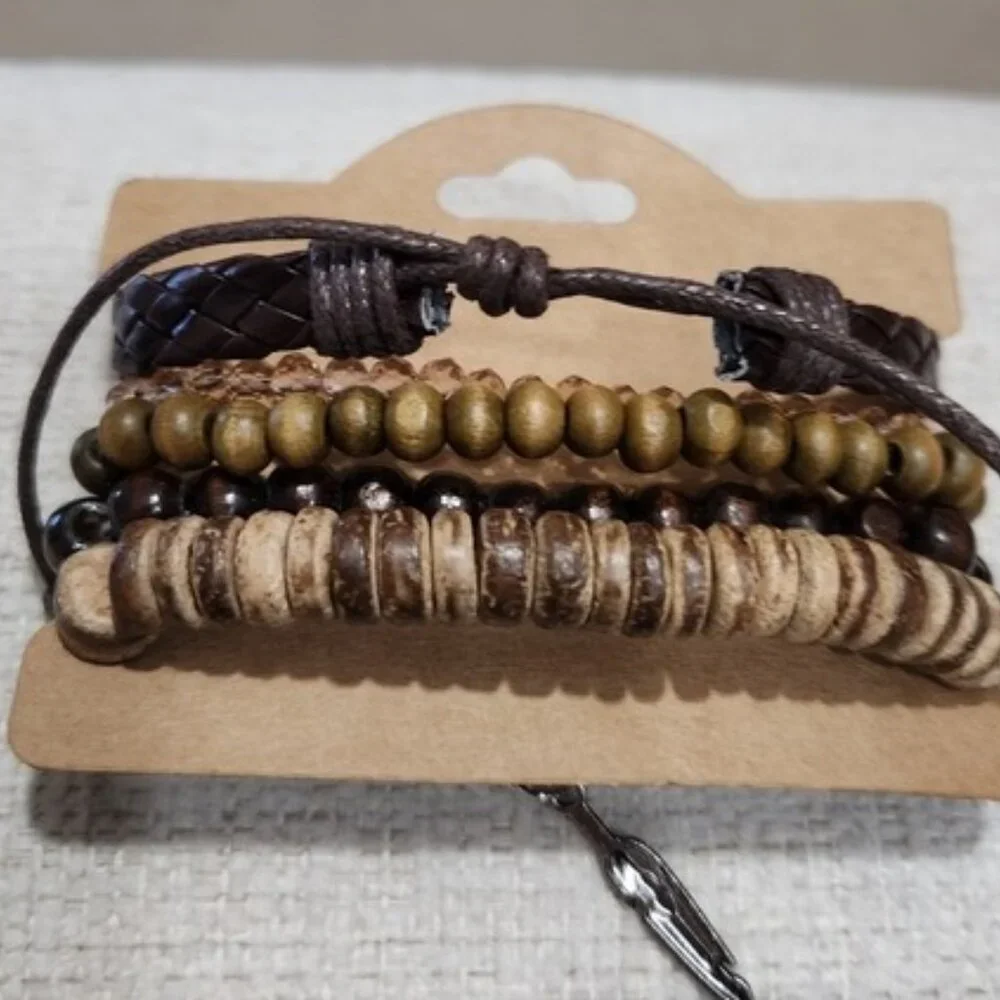 Nwt Unisex Brown Hues Leather & Beaded  Multi-Layer Bracelet Set